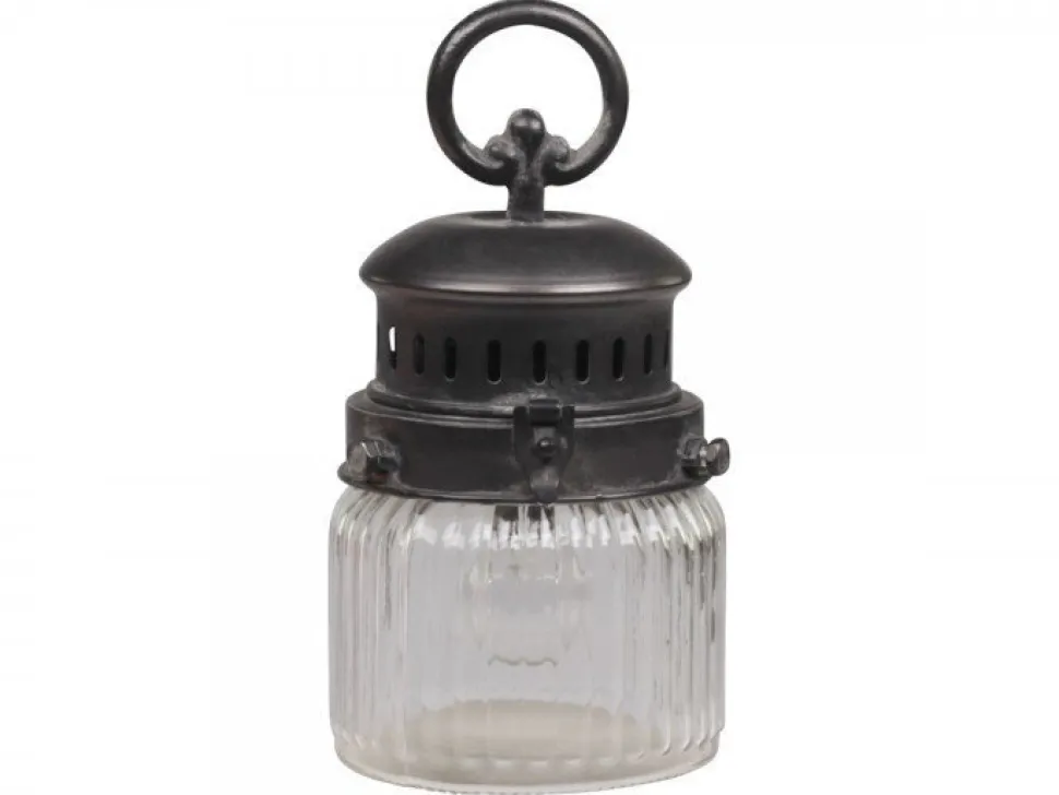 Chic Antique Französische Stalllaterne inkl. Glühbirne und Timer mit gerilltem Glas