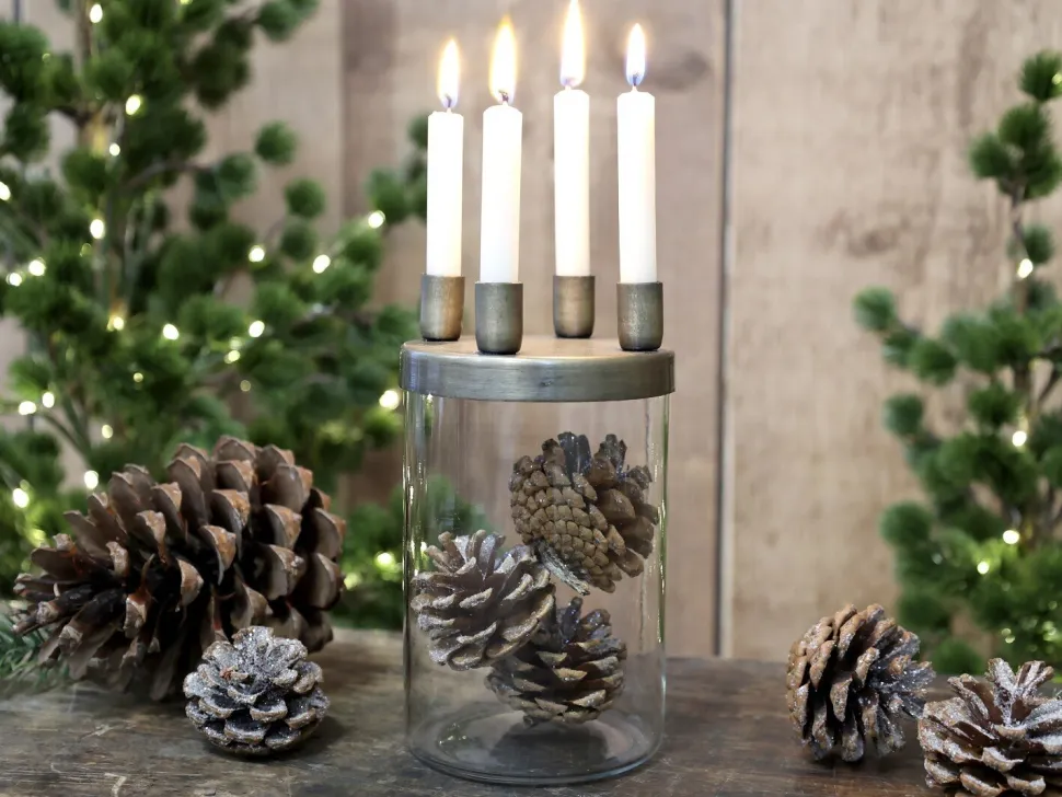 Chic Antique Kerzenständer mit Glas mit 4 Haltern, Messinglook