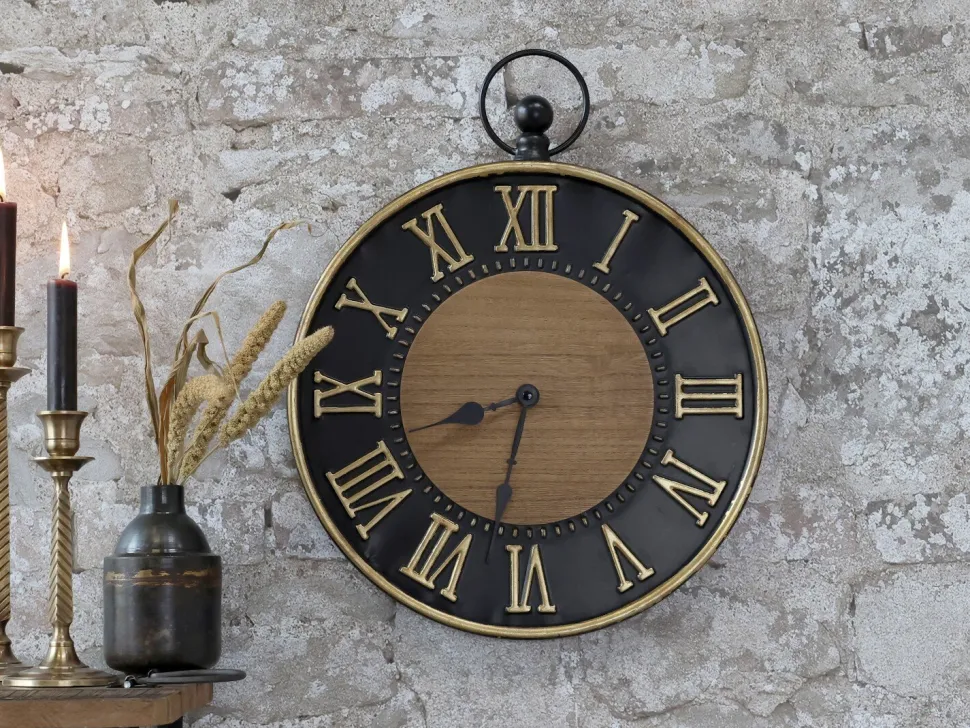 Chic Antique Wanduhr antik schwarz, messingfarben