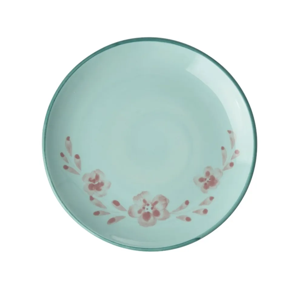 RICE Keramik Kuchenteller Handgemalt Blume Mint