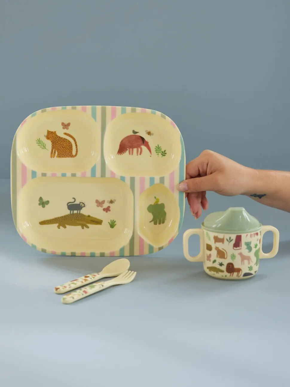 RICE Melamin Baby-Geschirrset Crème Sweet Jungle Print